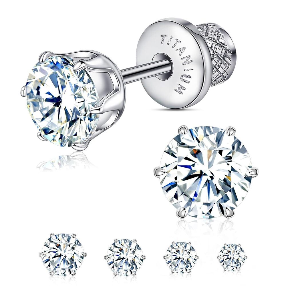 Titanium Hypoallergenic Earrings 6 Prong CZ Screw Back